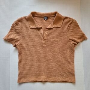 BDG Urban Outfitters Cropped Waffle Knit Polo Top Taupe Brown/orange Women's L